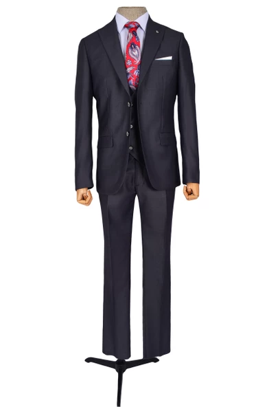 Cengiz İnler Düz Çift Düğme 6 Drop Yelekli Slim Fit Erkek Takım Elbise