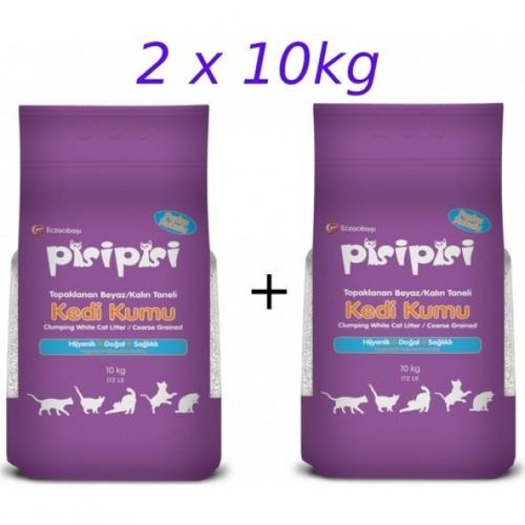 Pisi Pisi Pudralı Topaklanan Bentonit Kedi Kumu Kalın 10 Kg 2 Adet