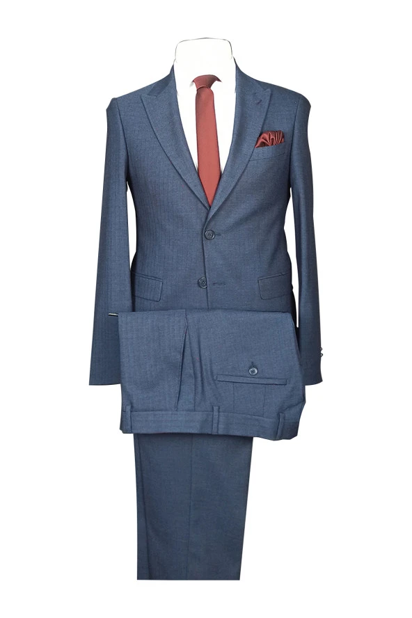 Cengiz İnler Kalın Çizgi Çift Düğme 6 Drop Slim Fit Erkek Takım Elbise