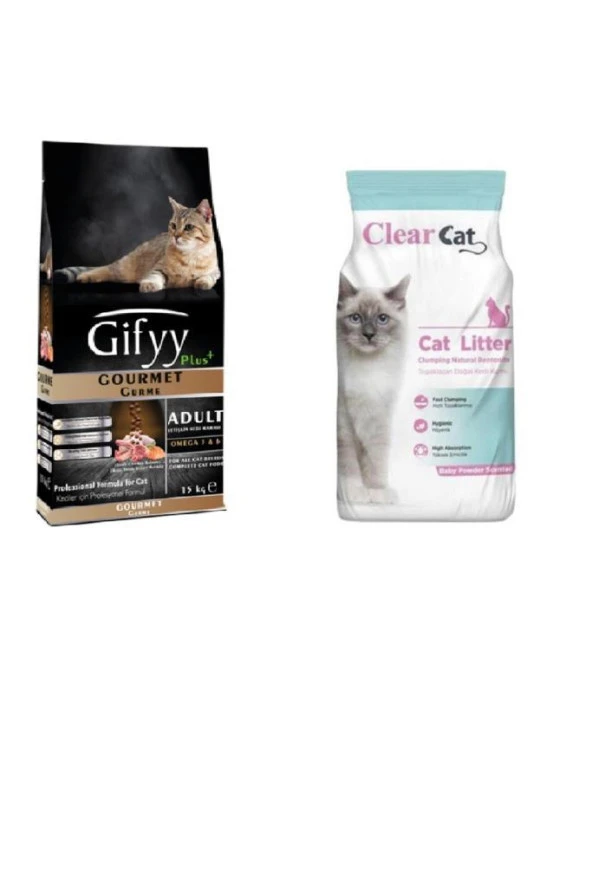 Gifyy Plus Kuzu ve Somonlu Yetişkin Kedi Maması 15 Kg + Clearcat Pudralı Kedi Kumu İnce 10 Lt x 2 Adet