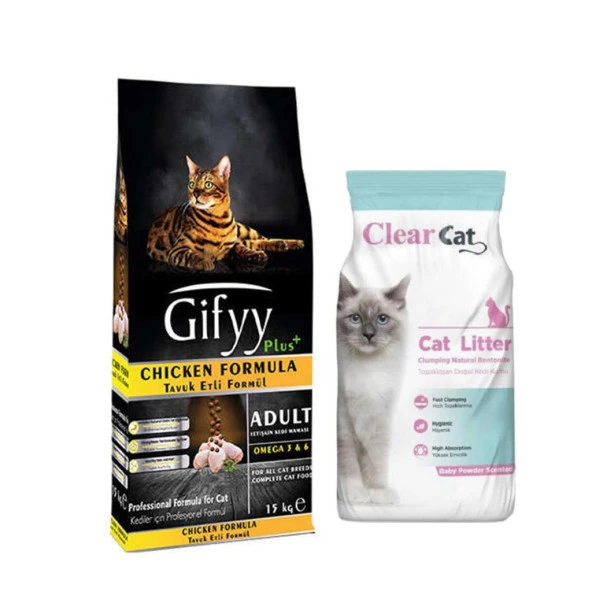 Gifyy Tavuklu Kedi Maması 15 Kg +Clear Cat Pudralı Bentonit Kedi Kumu İnce 10 Lt 2 Adet