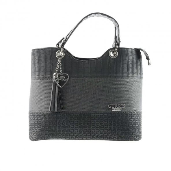 Siyah 3 Desenli (Timsah) Bayan Askılı El ve Omuz Çantası - 2