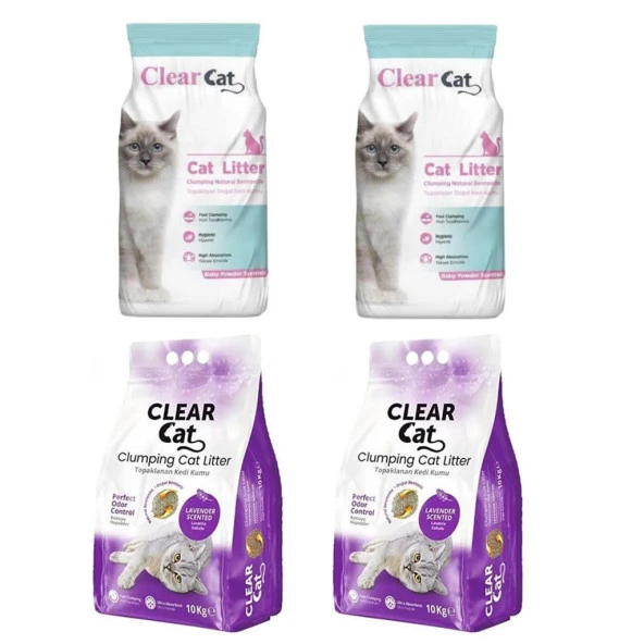 ClearCat Lavantalı  Kedi Kumu İnce 10 Lt 2 Adet + Pudralı Kedi Kumu İnce 10 Lt 2 Adet