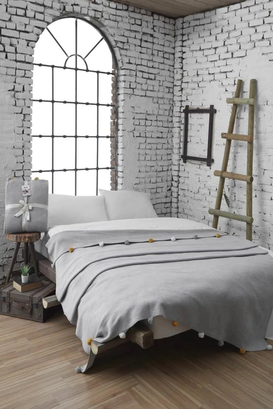 Dolce Bonita Home Tek Kişilik Ponponlu Pike Battaniye 150x200 Gri - Resim 2