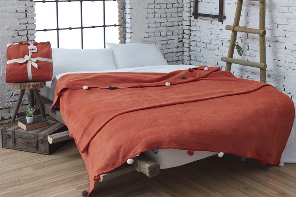 Dolce Bonita Home Tek Kişilik Ponponlu Pike Battaniye 150x200 Kiremit