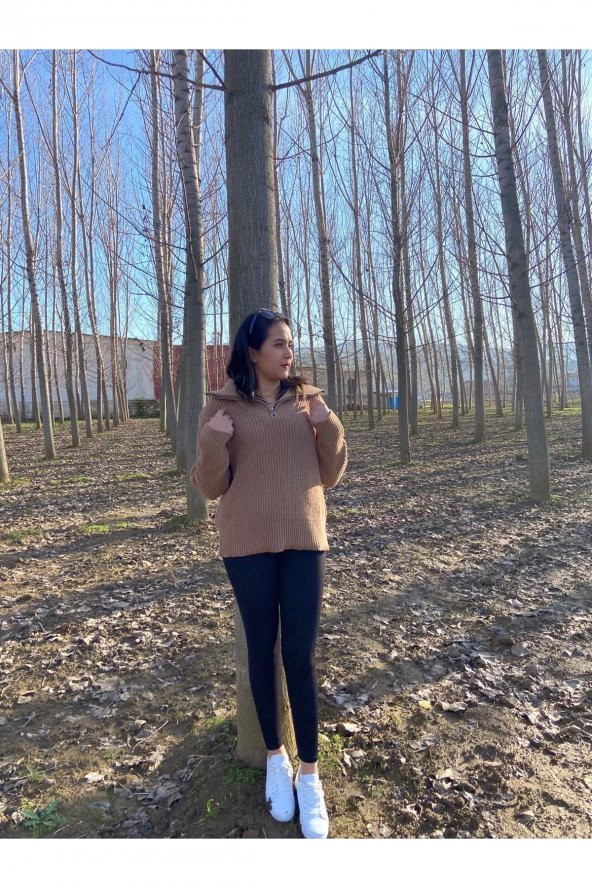 Kadın Fermuarlı Balıkçı Yaka Oversize Triko Kazak - 2