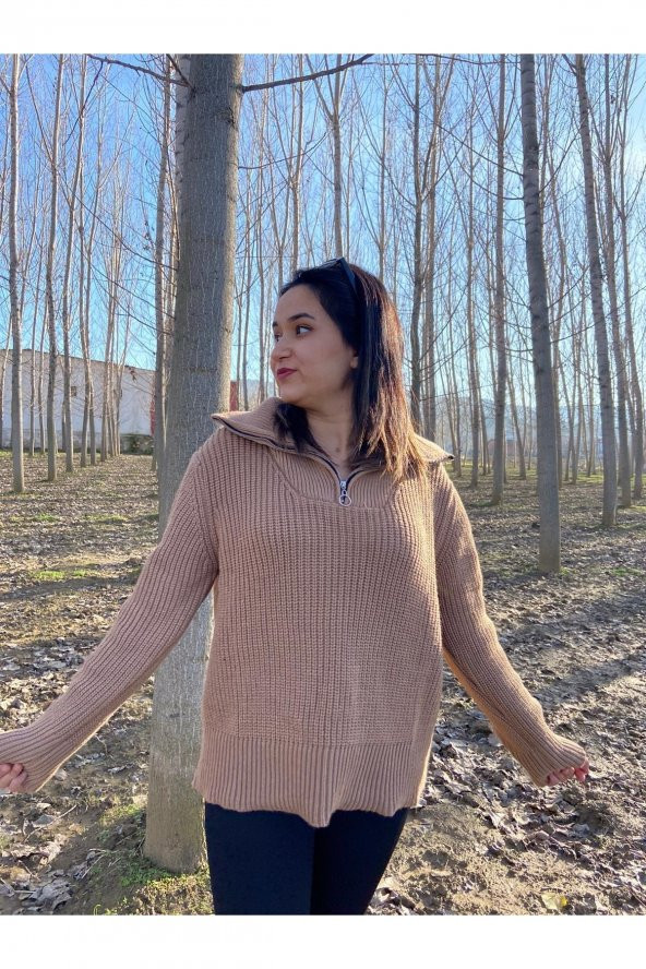 Kadın Fermuarlı Balıkçı Yaka Oversize Triko Kazak - 3