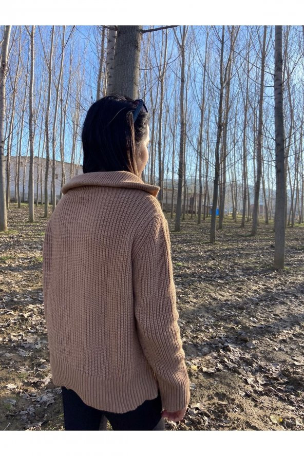 Kadın Fermuarlı Balıkçı Yaka Oversize Triko Kazak - 4