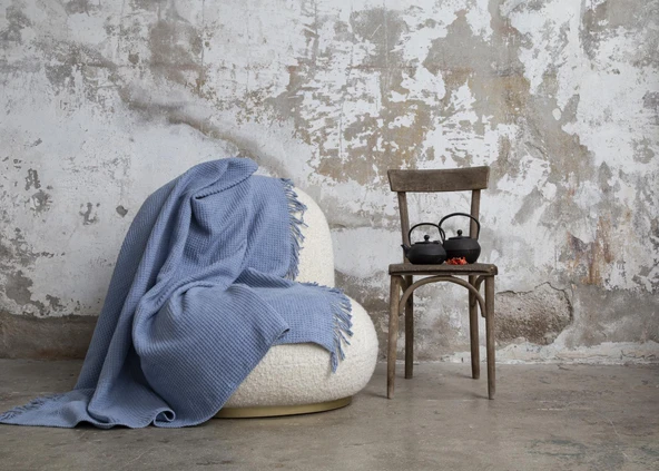 Aksu Brighton Collection Waffle Püsküllü TV Battaniye 130x170 Açık Mavi