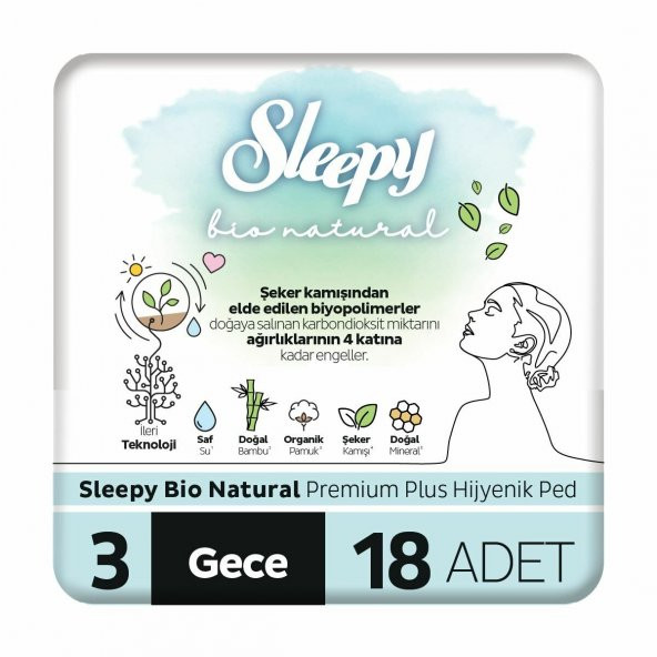 Sleepy Bio Natural Premium Plus Hijyenik Ped Gece 18'li