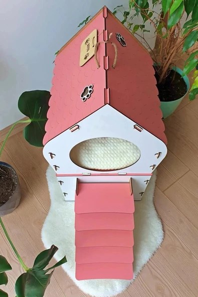Büyük Kedi Evi Xxl Teraslı Kedi Evi 5kg Ve Üzeri Kediler Için XXL Pembe - Beyaz - 3