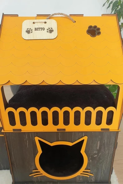 Büyük Kedi Evi Xxl Teraslı Kedi Evi 5kg Ve Üzeri Kediler Için XXL Turuncu - Koyu Kahverengi - 4