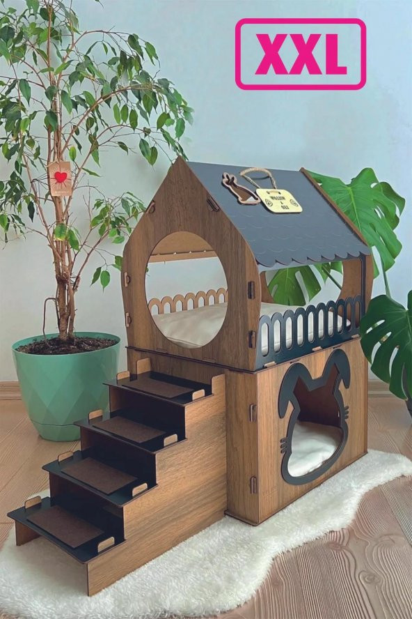 Büyük Tavşan Evi Xxl Teraslı Tavşan Evi 5kg Ve Üzeri Tavşanlar İçin XXL Siyah - Kahverengi