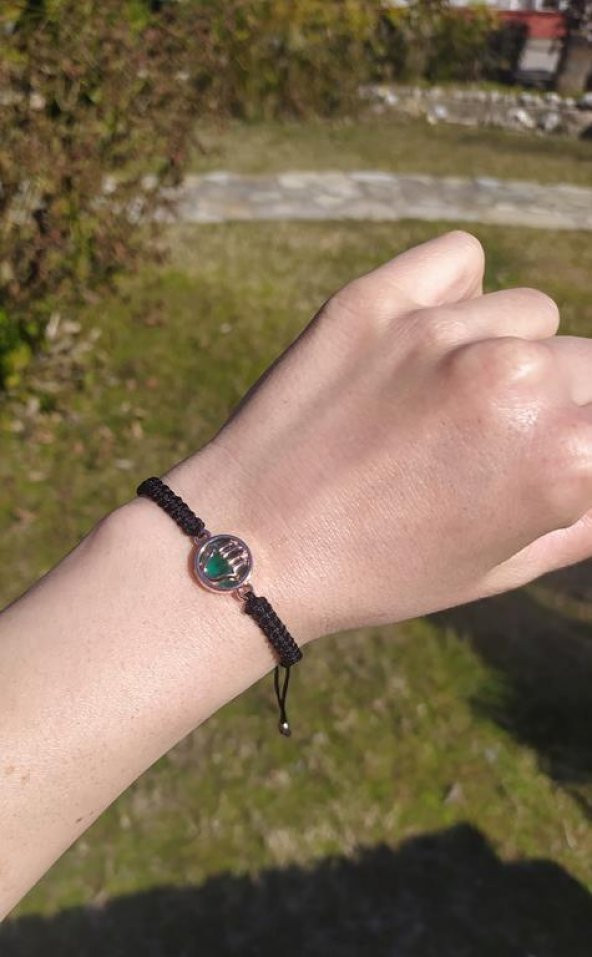 Bileklik El Figürlü Yeşil Taşlı Rose Gold Makrome Ayarlanabilir İp Bileklik Bijuteri Takı Bilezik - 2