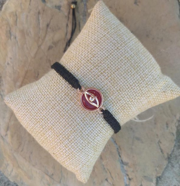 Bileklik Göz Figürlü Kırmızı Taşlı Makrome Ayarlanabilir İp Bileklik Bijuteri Takı Bilezik ürün görseli