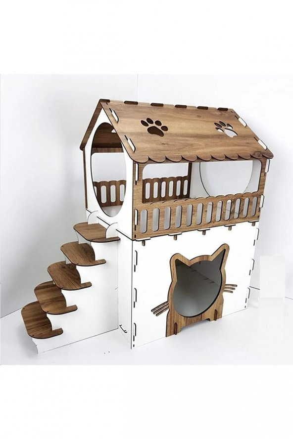 Dekoratif Ahşap Kedi Evi Teraslı 2 Katlı Merdivenli Kedi Evi Kahverengi - Beyaz