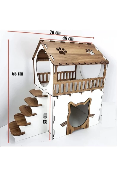 Dekoratif Ahşap Kedi Evi Teraslı 2 Katlı Merdivenli Kedi Evi Kahverengi - Beyaz - 2