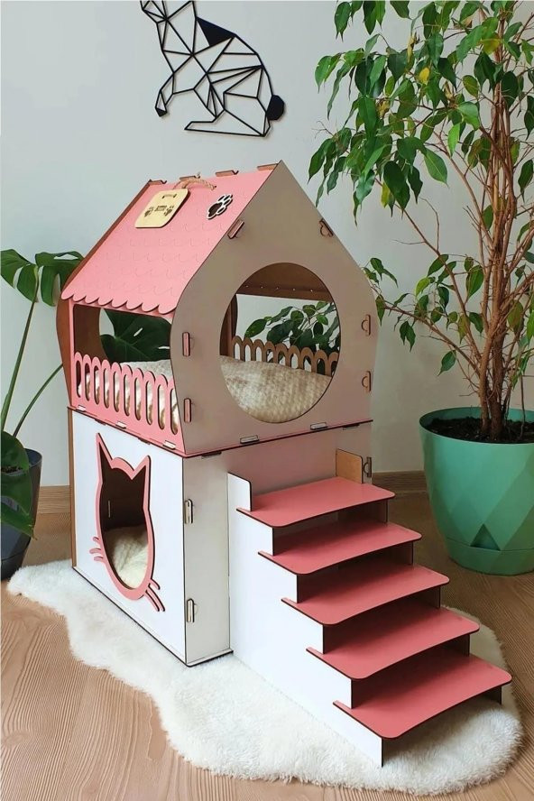Dekoratif Ahşap Kedi Evi Teraslı 2 Katlı Merdivenli Kedi Evi Pembe - Beyaz