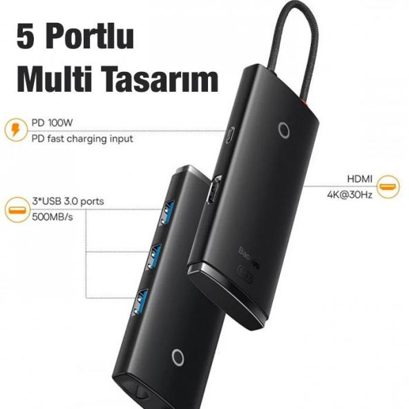 Baseus 20CM 100W 5 Port Type-C Dönüştürücü Çevirici HUB 500 MB/sn Veri Aktarım 4K HDMİ Tak Çalıştır - 2