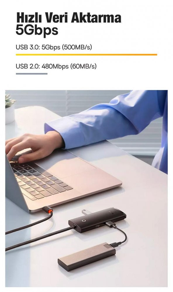 Baseus 20CM 100W 5 Port Type-C Dönüştürücü Çevirici HUB 500 MB/sn Veri Aktarım 4K HDMİ Tak Çalıştır - 6