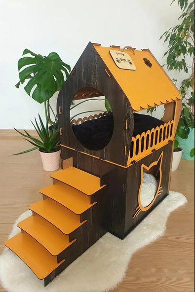 Dekoratif Ahşap Kedi Evi Teraslı 2 Katlı Merdivenli Kedi Evi Turuncu - Koyu Kahverengi - 2