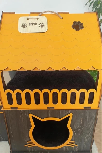 Dekoratif Ahşap Kedi Evi Teraslı 2 Katlı Merdivenli Kedi Evi Turuncu - Koyu Kahverengi - 4