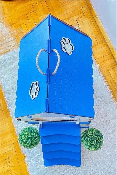 Dekoratif Ahşap Kedi Evi Teraslı 2 Katlı Merdivenli Kedi Evi Mavi - Beyaz - 3