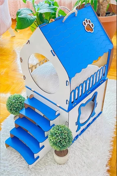 Dekoratif Ahşap Kedi Evi Teraslı 2 Katlı Merdivenli Kedi Evi Mavi - Beyaz - 2