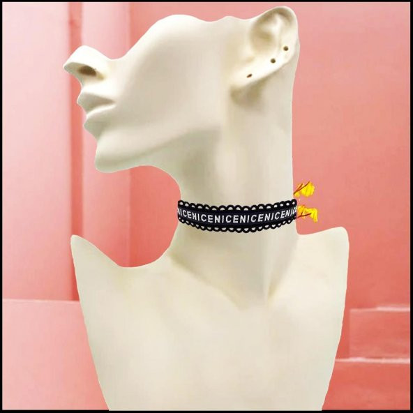 Siyah Renk Özel Dokuma Kadın Nice Yazılı Choker Tasma Kolye