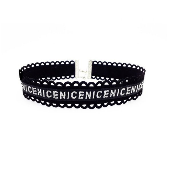 Siyah Renk Özel Dokuma Kadın Nice Yazılı Choker Tasma Kolye - 4