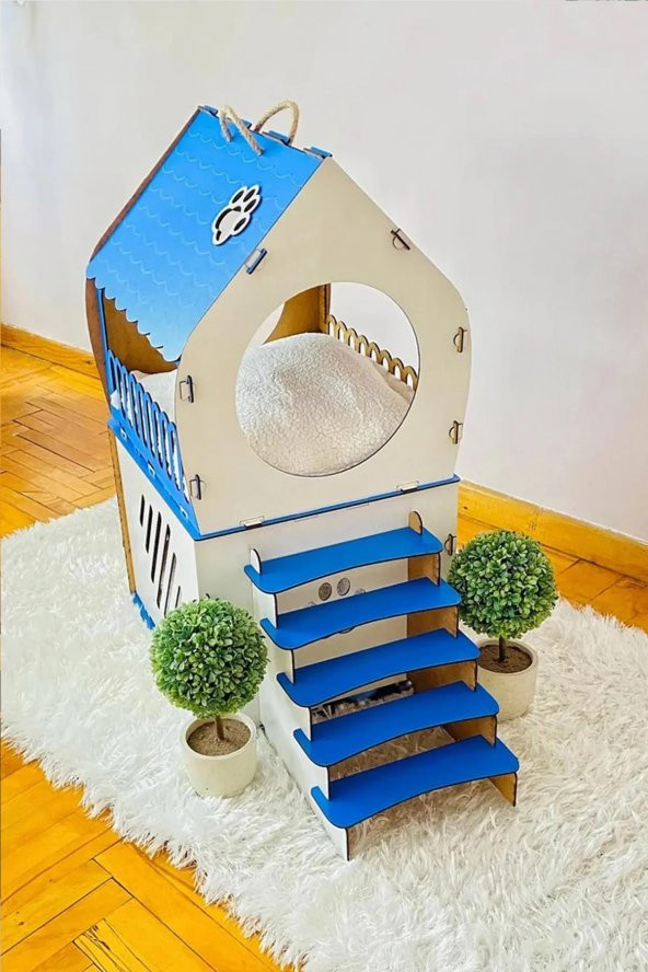 Dekoratif Ahşap Kedi Evi Teraslı 2 Katlı Merdivenli Kedi Evi Mavi - Beyaz