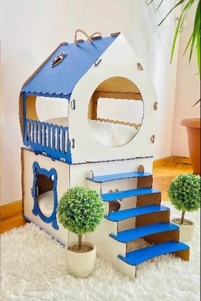 Dekoratif Ahşap Kedi Evi Teraslı 2 Katlı Merdivenli Kedi Evi Mavi - Beyaz - 5