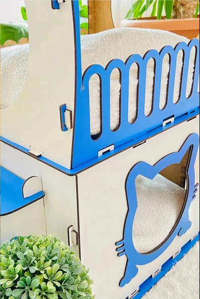 Dekoratif Ahşap Kedi Evi Teraslı 2 Katlı Merdivenli Kedi Evi Mavi - Beyaz - 4