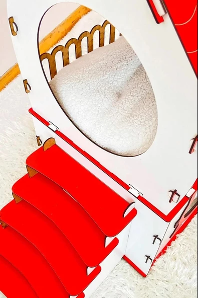 Dekoratif Ahşap Kedi Evi Teraslı 2 Katlı Merdivenli Kedi Evi Kırmızı - Beyaz - 4