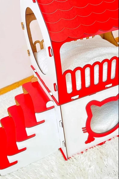 Dekoratif Ahşap Kedi Evi Teraslı 2 Katlı Merdivenli Kedi Evi Kırmızı - Beyaz - 5