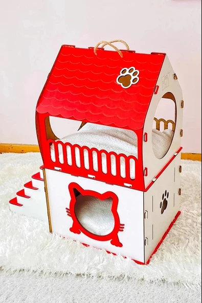 Dekoratif Ahşap Kedi Evi Teraslı 2 Katlı Merdivenli Kedi Evi Kırmızı - Beyaz - 2