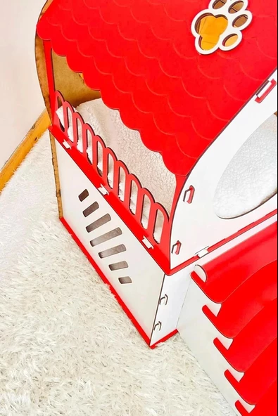 Dekoratif Ahşap Kedi Evi Teraslı 2 Katlı Merdivenli Kedi Evi Kırmızı - Beyaz - 3