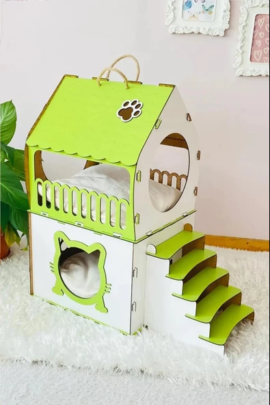 Dekoratif Ahşap Kedi Evi Teraslı 2 Katlı Merdivenli Kedi Evi Yeşil - Beyaz - 4