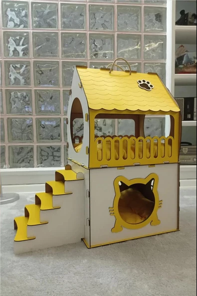 Dekoratif Ahşap Kedi Evi Teraslı 2 Katlı Merdivenli Kedi Evi Sarı - Beyaz - 4