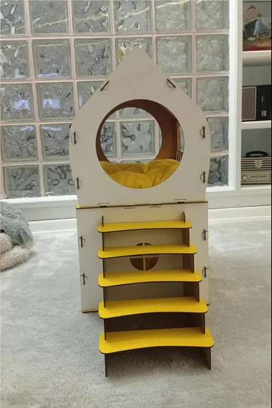 Dekoratif Ahşap Kedi Evi Teraslı 2 Katlı Merdivenli Kedi Evi Sarı - Beyaz - 2