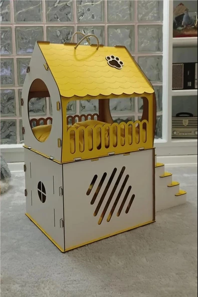 Dekoratif Ahşap Kedi Evi Teraslı 2 Katlı Merdivenli Kedi Evi Sarı - Beyaz - 3