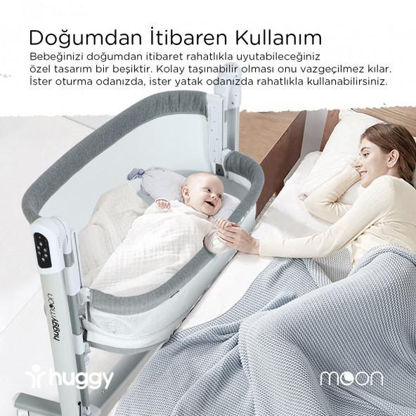 Huggy Moon Otomatik Sallanabilir Kumandalı Oyun Parkına Dönüşebilen Anne Yanı Elektrikli Beşik - 5