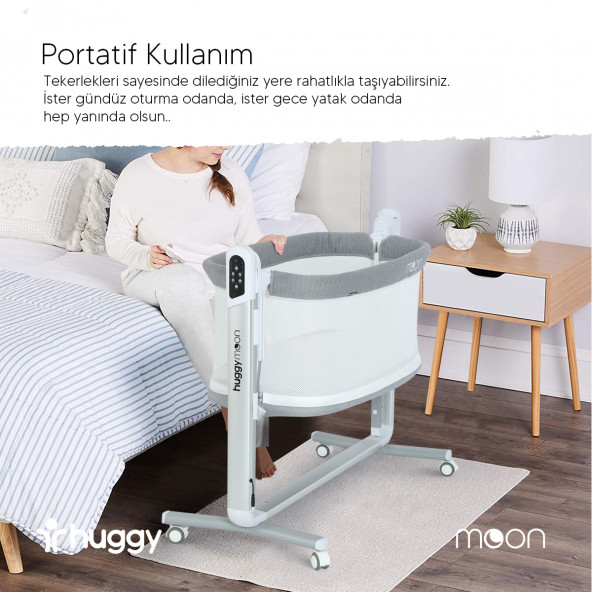 Huggy Moon Otomatik Sallanabilir Kumandalı Oyun Parkına Dönüşebilen Anne Yanı Elektrikli Beşik - 8