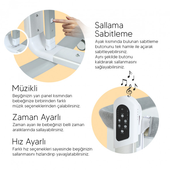 Huggy Moon Otomatik Sallanabilir Kumandalı Oyun Parkına Dönüşebilen Anne Yanı Elektrikli Beşik - 9