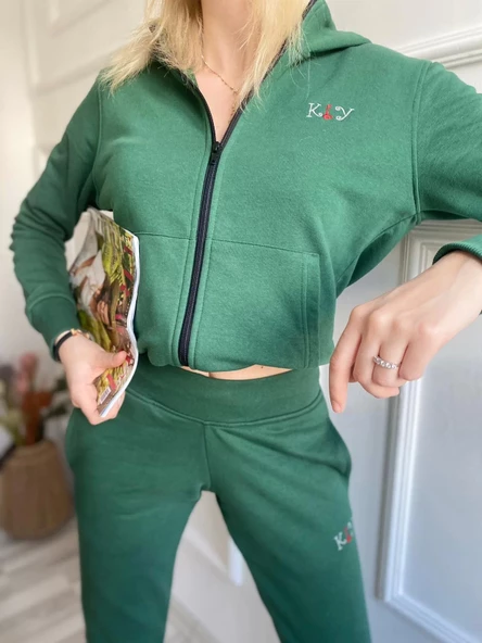 Kadın Kapüşonlu Paçası Lastikli Eşofman Takımı Yeşil - 9