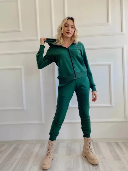 Kadın Kapüşonlu Paçası Lastikli Eşofman Takımı Yeşil - 2