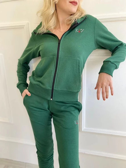 Kadın Kapüşonlu Paçası Lastikli Eşofman Takımı Yeşil - 10