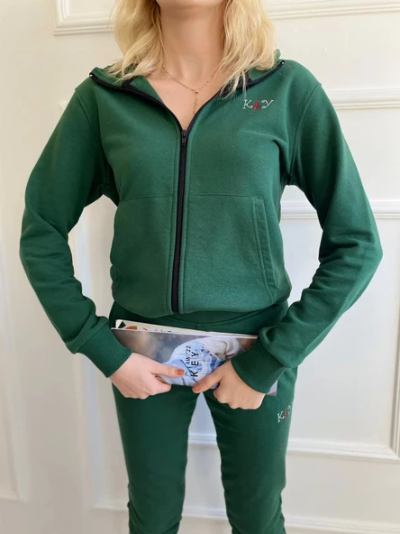 Kadın Kapüşonlu Paçası Lastikli Eşofman Takımı Yeşil - 8