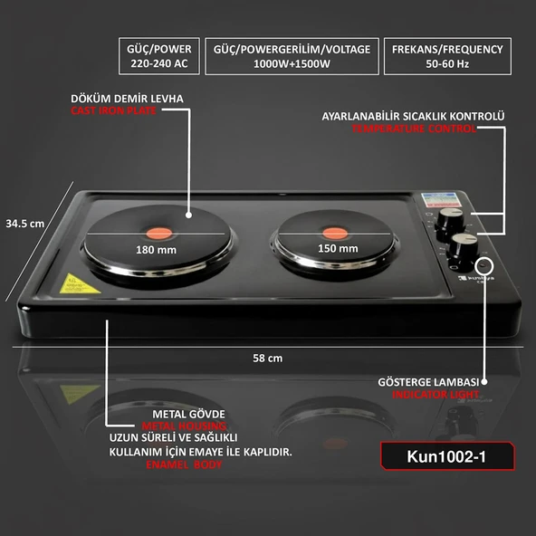 Kunhya İki Gözlü Elektrikli Ocak Siyah Emaye - Resim 5