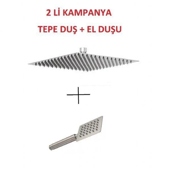 Kireç Kırıcılı Kare 304 Kalite Paslanmaz Inox Düz Duş Başlığı Tepe Duş Başlığı + El Duşu